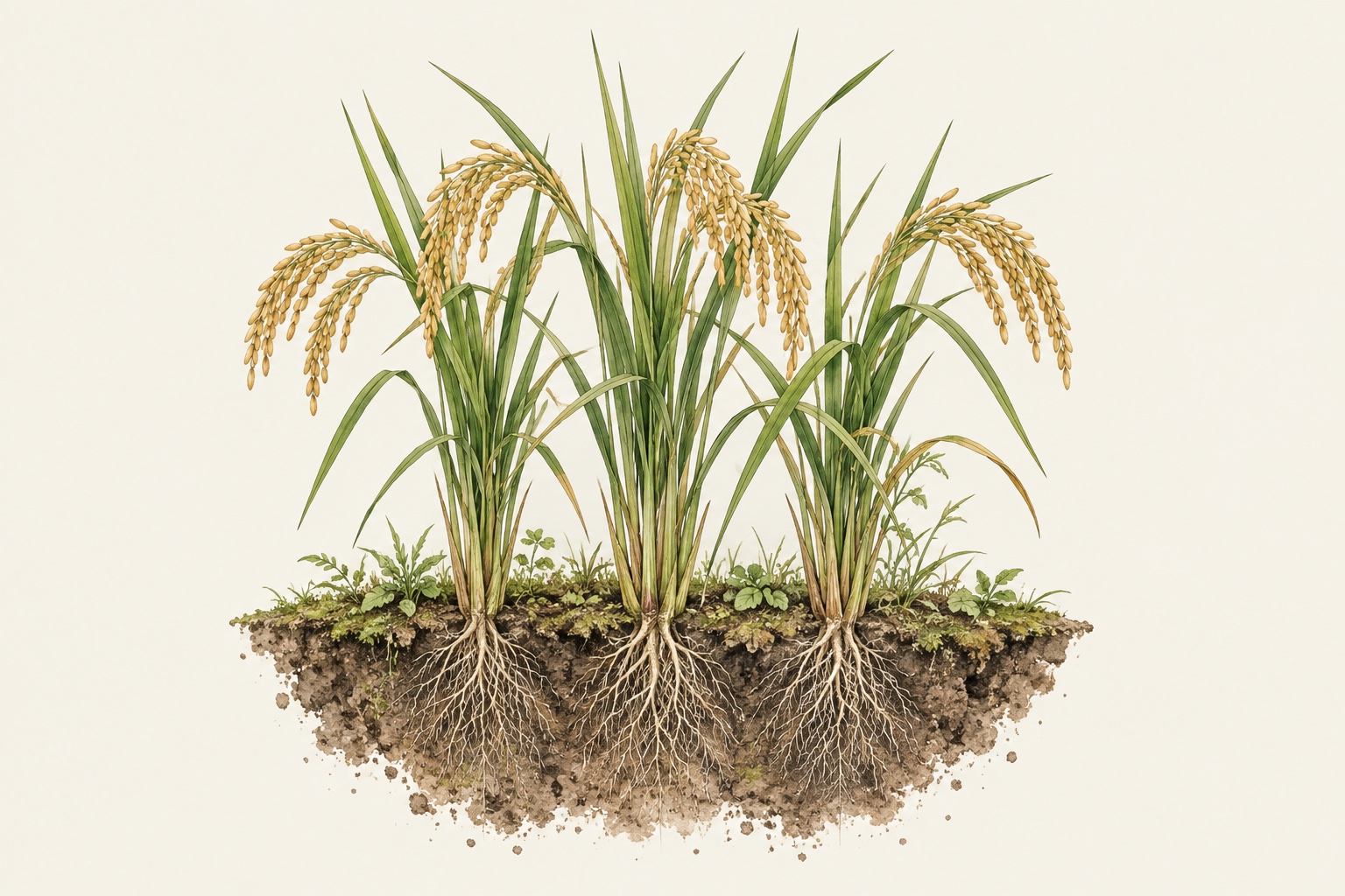 Conceptual botanical illustration of the rice canopy and roots