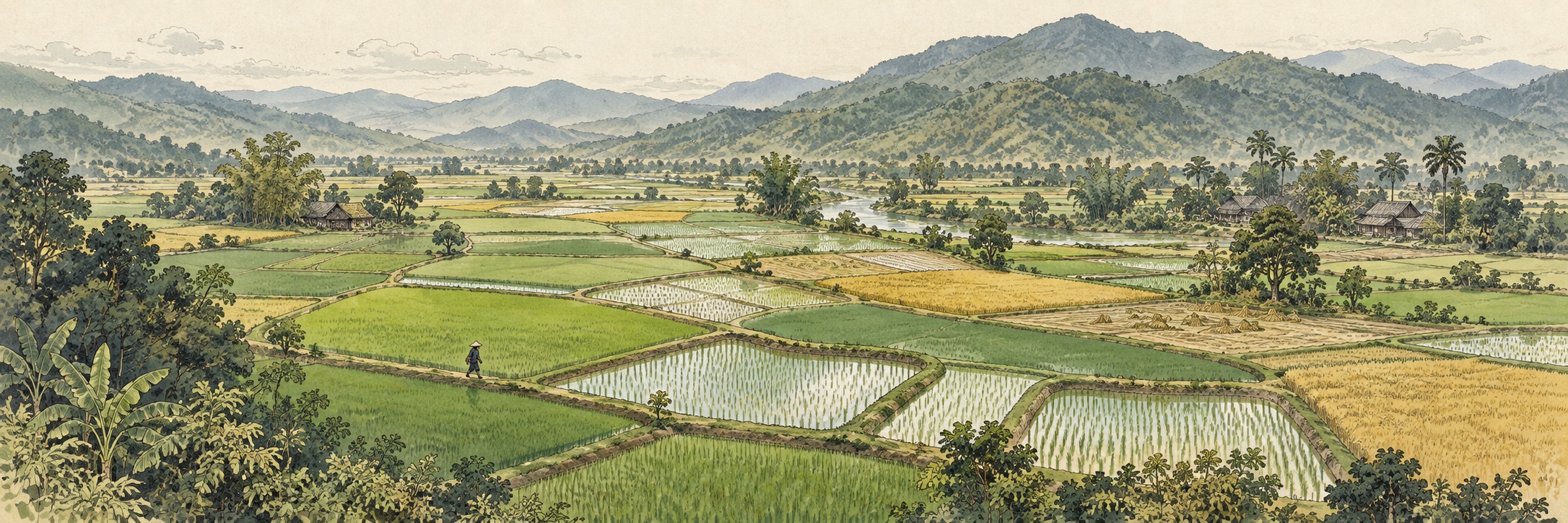 Illustrated rice paddies separated by field bunds