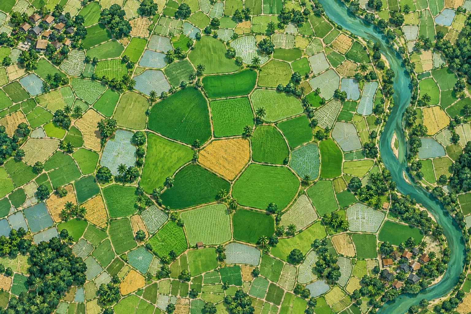 Conceptual regional landscape connecting fields, settlements and water